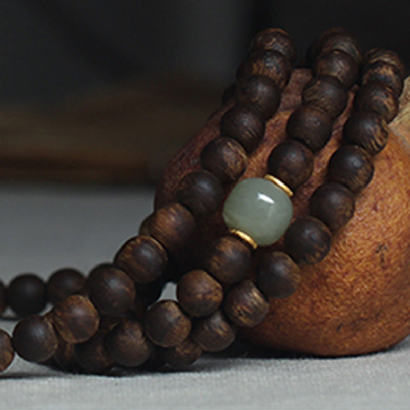 108 Mala Beads Nha Trang Bai Qinan Agarwood Jade 999 Gold Peace Bracelet