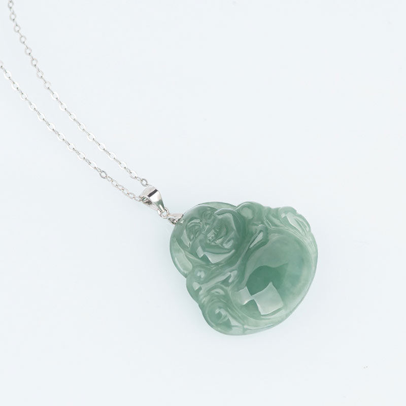 Mythstone 925 Sterling Silver Laughing Buddha Jade Protection Calm Necklace Chain Pendant