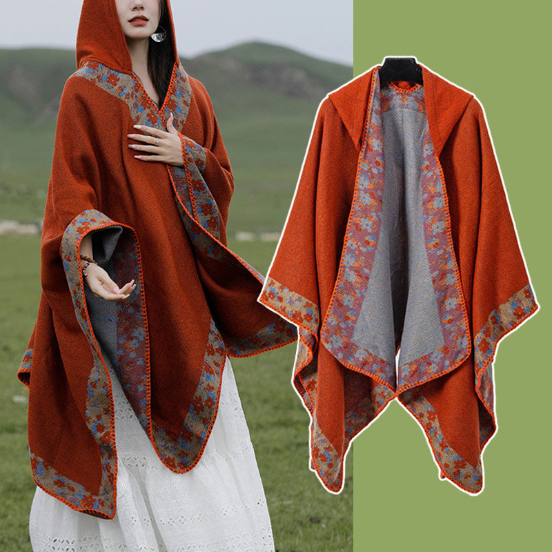 Mythstone Tibetan Shawl Border Small Floral Flower Hooded Cloak Winter Cozy Travel Scarf Wrap