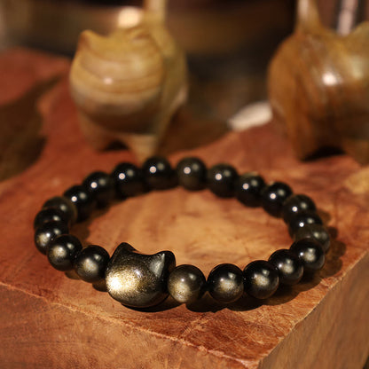 Mythstone Gold Sheen Obsidian Silver Sheen Obsidian Lovely Paw Lucky Cat Protection Bracelet