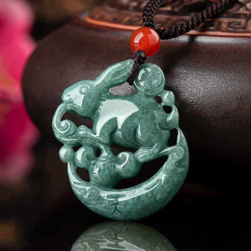 Year of the Rabbit Jade Luck Crescent Mooon Necklace Pendant