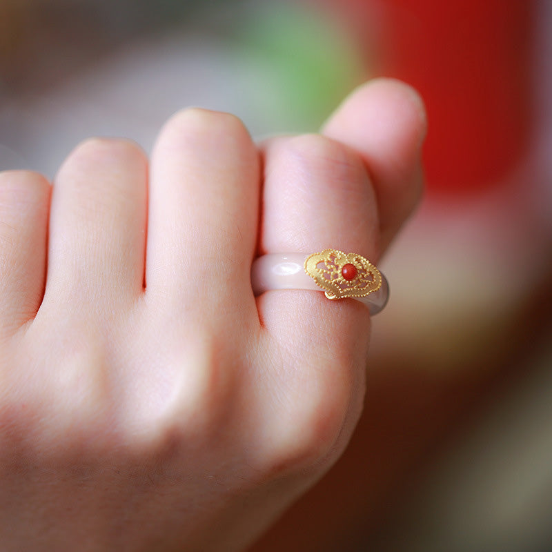 Mythstone White Agate Cyan Jade Turquoise Red Agate Luck Protection Ring