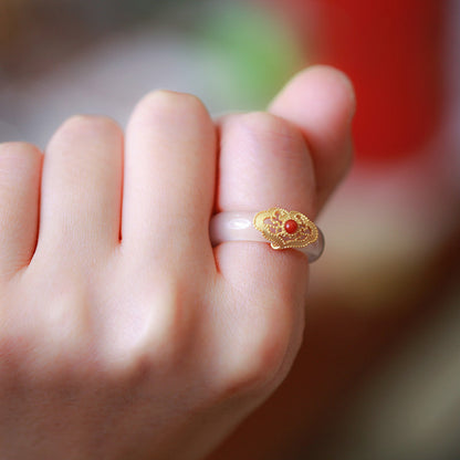 Mythstone White Agate Cyan Jade Turquoise Red Agate Luck Protection Ring