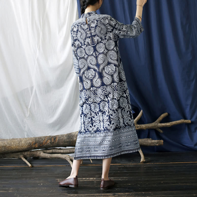 Mythstone Blue White Flower Frog-button Midi Dress Three Quarter Sleeve Linen Batik Dress With Pockets