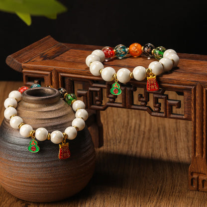 Mythstone Tibetan Incense Ash Porcelain Luminous Fluorescent Liuli Glass Bead Gourd Copper Coin Charm Peace Bracelet