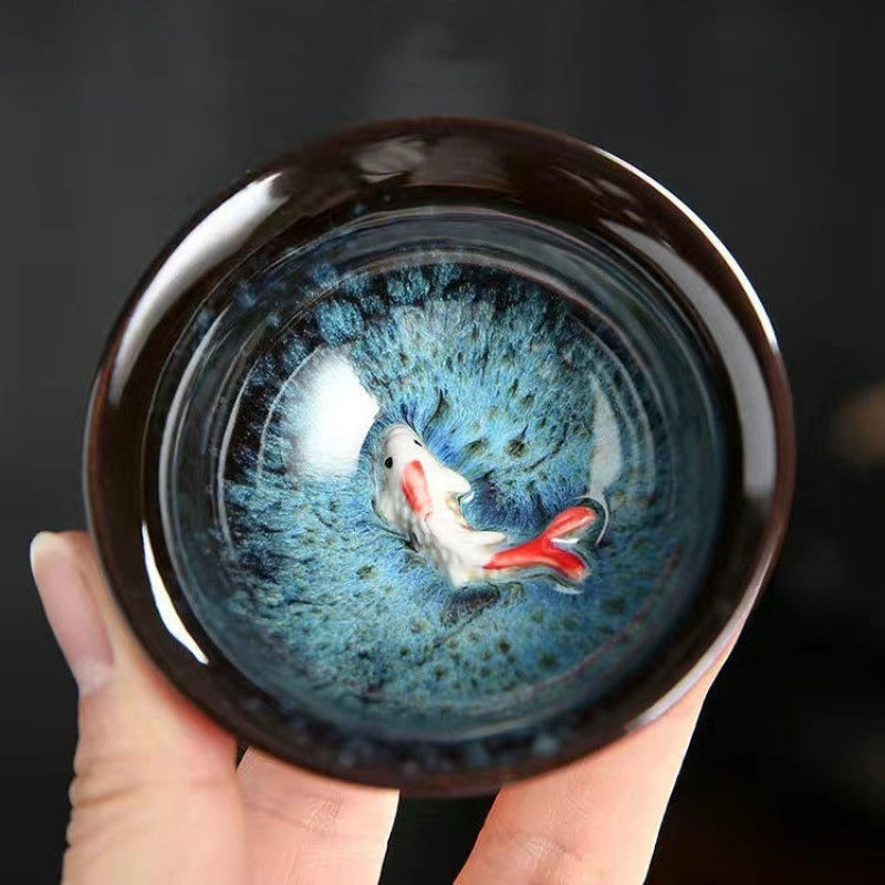 Mythstone Small Koi Fish Blue Kiln Change Chinese Jianzhan Ceramic Teacup Kung Fu Tea Cup 75ml