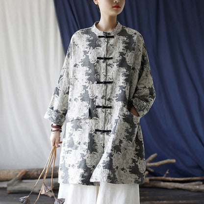 Mythstone Black Gray Beige Print Frog-button Design Long Sleeve Cotton Linen Jacket Shirt With Pockets