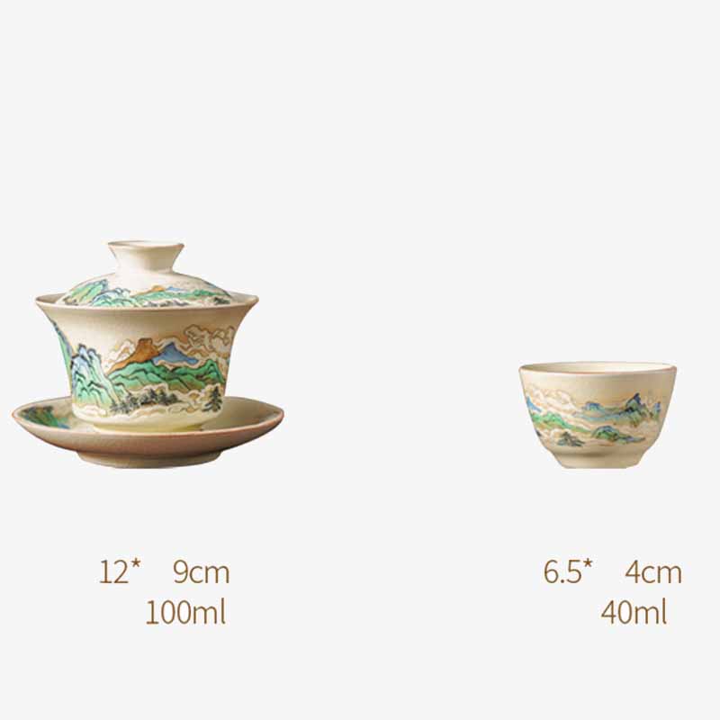 Mythstone A Panorama of Rivers and Mountains Flowers Ceramic Gaiwan Sancai Teacup Kung Fu Tea Cup And Saucer With Lid