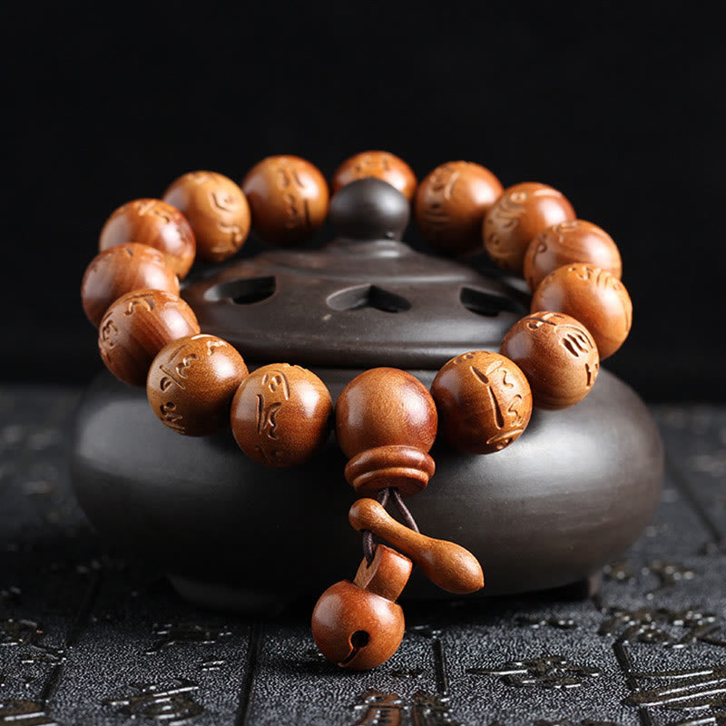 Mythstone Natural Tibetan Peach Wood Om Mani Padme Hum Engraved Ward Off Evil Spirits Bracelet