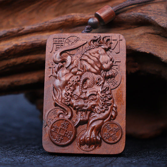 Mytthstone Natural Lightning Struck Jujube Wood PiXiu Copper Coin Good Fortune Necklace Pendant