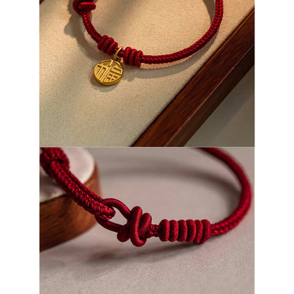 Mythstone Handmade Eight Thread Peace Knot Fu Character Charm Luck Happiness Red Rope Bracelet