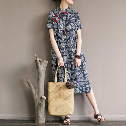 Mythstone Blue White Flower Frog-button Cheongsam Dresses Short Sleeve Linen Dresses With Pockets