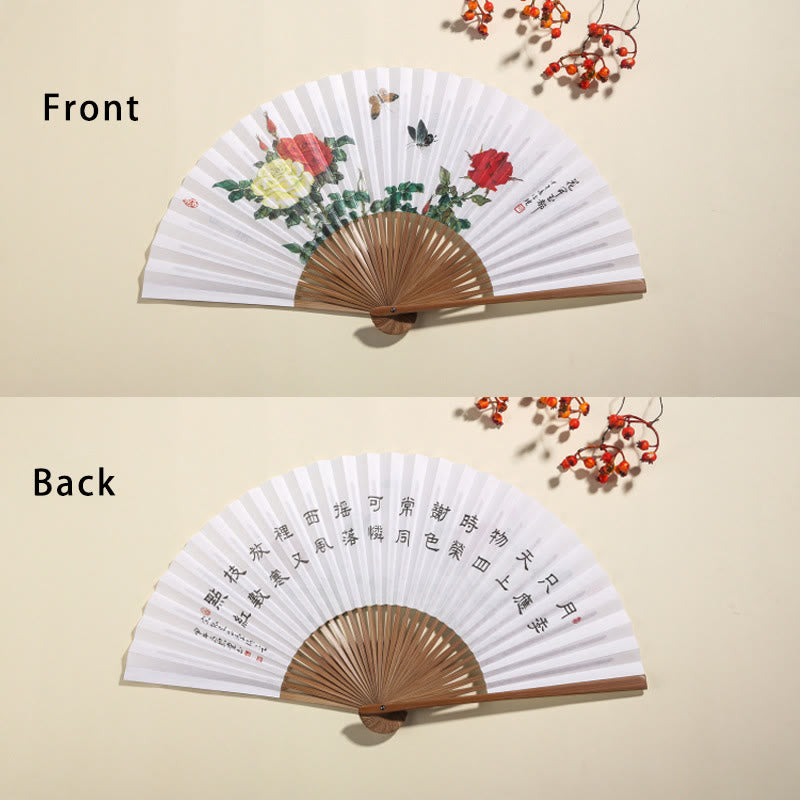 Mythstone Pine Tree Garden Peony Handheld Paper Bamboo Folding Fan 26cm