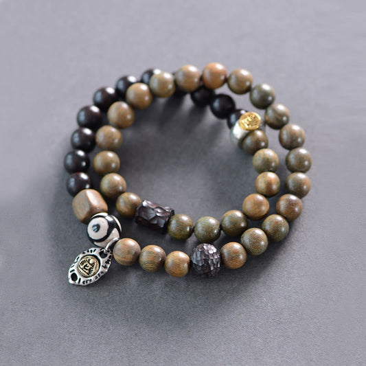 Mythstone Tibetan Green Sandalwood Ebony Wood Three-eyed Dzi Bead Fu Character Balance Peace Double Wrap Bracelet