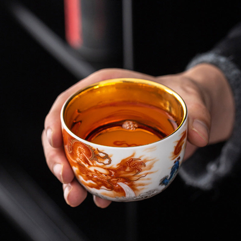 Mythstone Dragon Phoenix Crane Sun Ocean Waves Gilt Ceramic Teacup Kung Fu Tea Cup 170ml