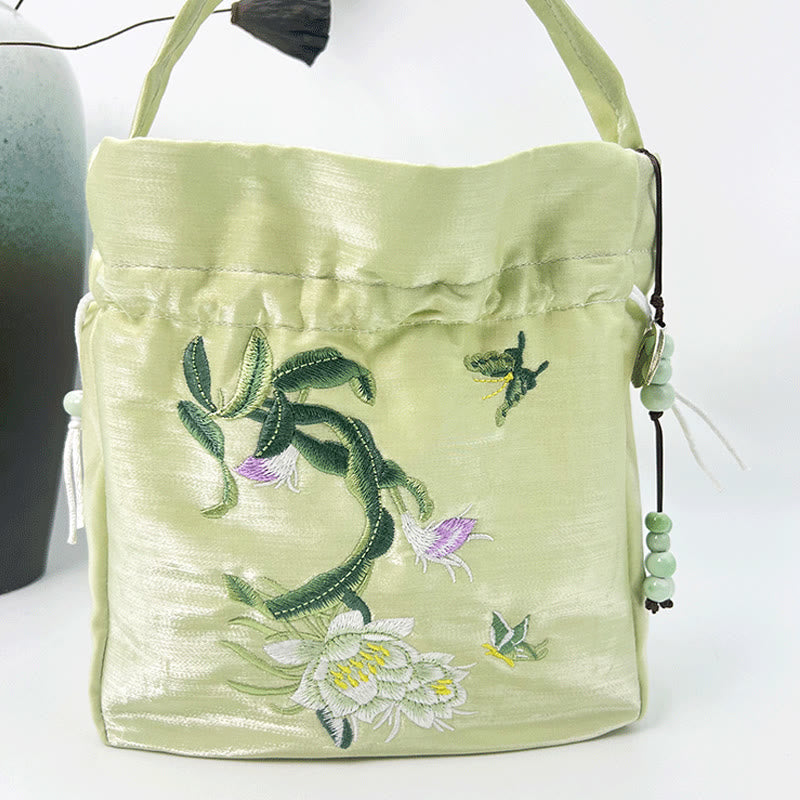 Mythstone Embroidered Flowers Wisteria Lily Cotton Linen Tote Crossbody Bag Shoulder Bag Handbag