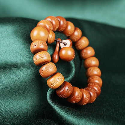 Mythstone Natural Tibetan Peach Wood Om Mani Padme Hum Engraved Ward Off Evil Spirits Bracelet