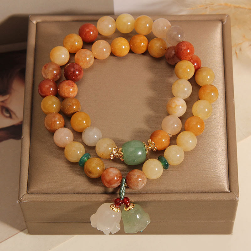 Mythstone Tibet Natural Golden Silk Jade Double Layer Bell Orchid Luck Bracelet