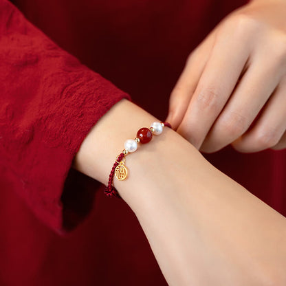 Mythstone 925 Sterling Silver Good Fortune Fu Character Agate Pearl Red String Braid Bracelet