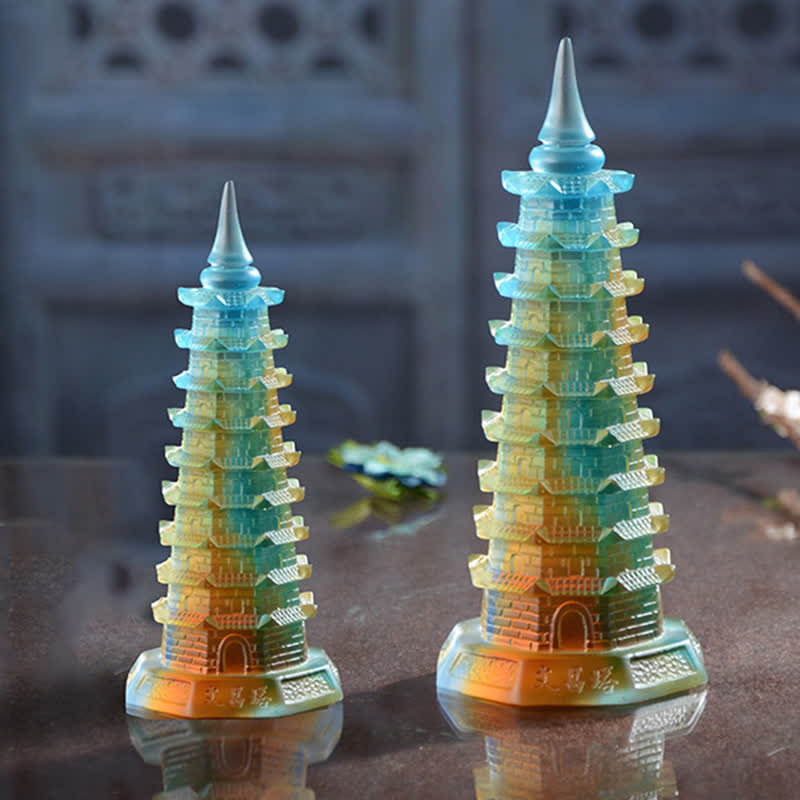 Mythstone Feng Shui Wenchang Tower Handmade Liuli Crystal Pagoda Art Piece Luck Home Office Decoration