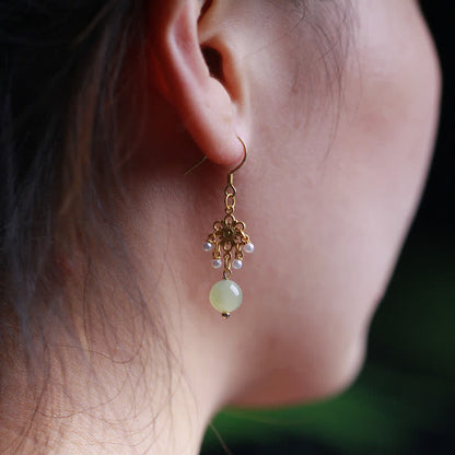 Mythstone Hetian Jade Flower Pattern 14K Gold Plated Luck Drop Dangle Earrings