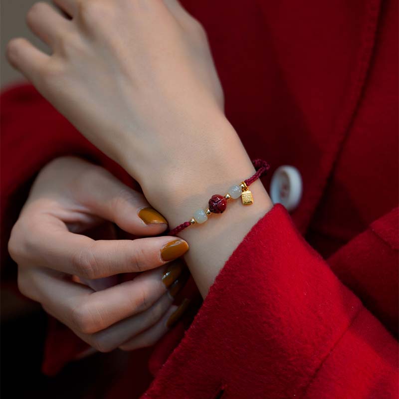 Mythstone Cinnabar Jade Lotus Calm Red String Weave Bracelet