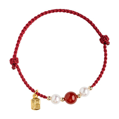 Mythstone 925 Sterling Silver Good Fortune Fu Character Agate Pearl Red String Braid Bracelet