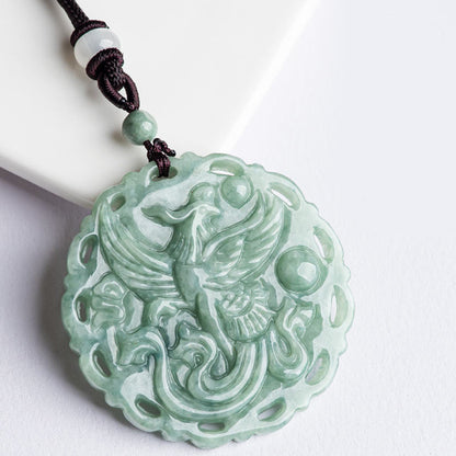 Mythstone Chinese Zodiac Dragon Phoenix Round Jade Luck Necklace String Pendant