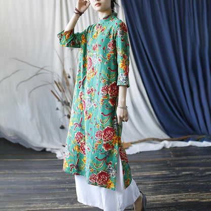 Mythstone Red Blue Peony Midi Dress Half Sleeve Cotton Linen Dress Wide Leg Pants With Pockets