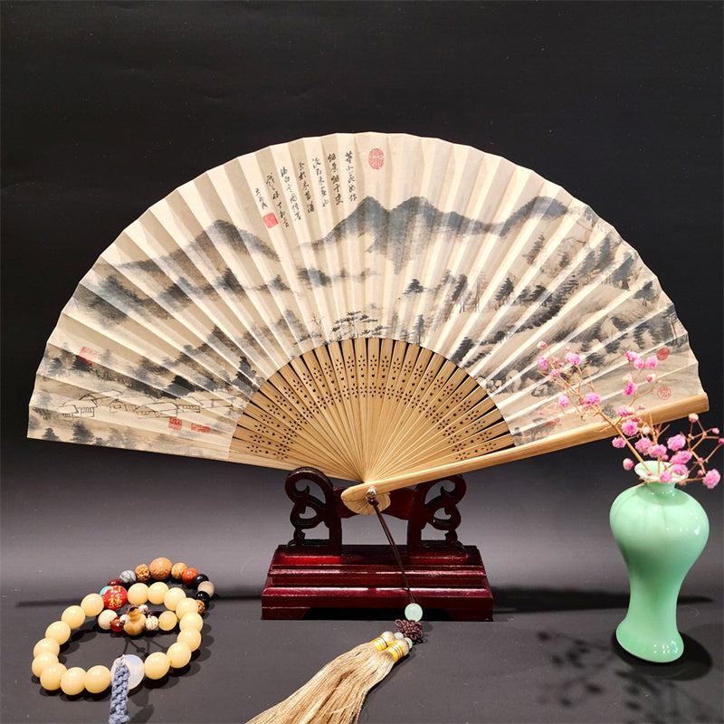 Mythstone A Panorama Of Rivers And Mountains Cranes Orchid Flower Paper Bamboo Handheld Silk Bamboo Folding Fan 22cm