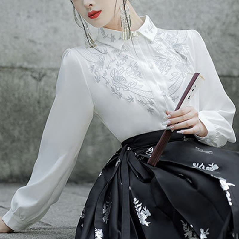 Mythstone Flowers Leaves Feathers Long Sleeve Shirt Top Chinese Hanfu Ming Dynasty Horse Face Skirt Mamianqun Skirt