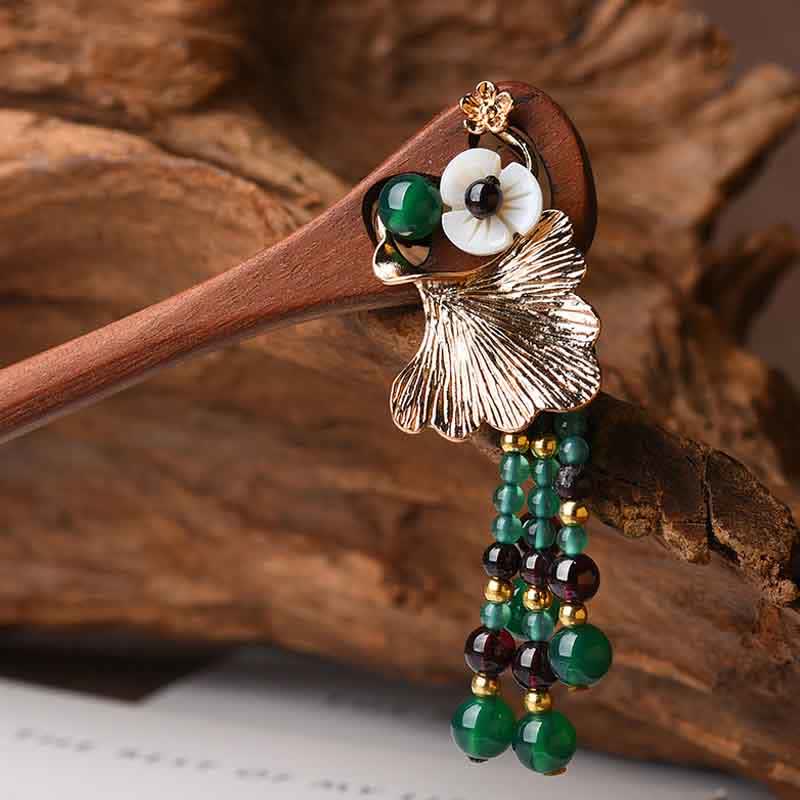 Mythstone Red Sandalwood Green Agate Ginkgo Leaf Protection Hairpin