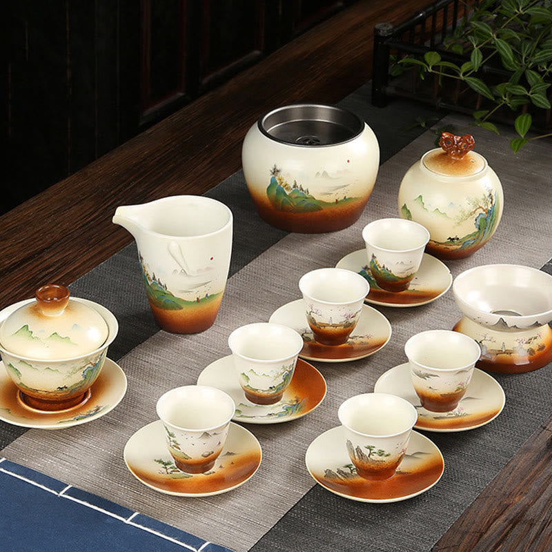 Mythstone Mountain Landscape Countryside Ceramic Gaiwan Sancai Teacup Kung Fu Tea Cup And Saucer With Lid