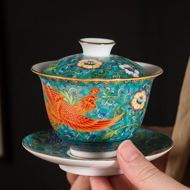 Mythstone Dragon Phoenix Flower Design Ceramic Gaiwan Sancai Teacup Kung Fu Tea Cup And Saucer With Lid