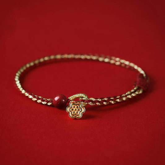 Mythstone Handmade 925 Sterling Silver Lotus Cinnabar Gold Bead Blessing Braid Bracelet