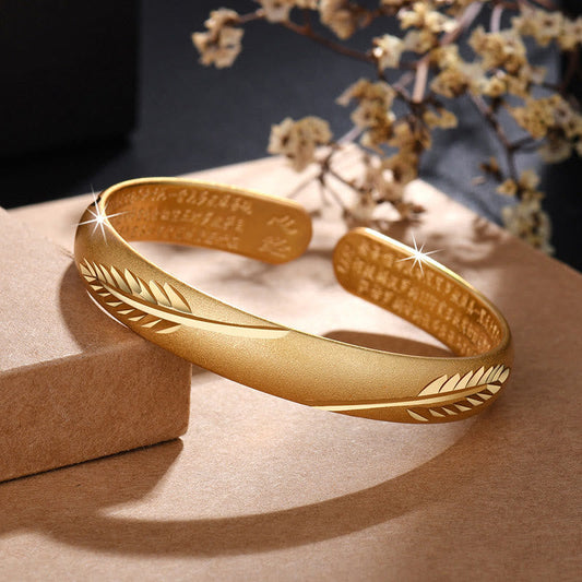 Mythstone Feather Heart Sutra Engraved Pattern Wealth Copper Cuff Bracelet Bangle