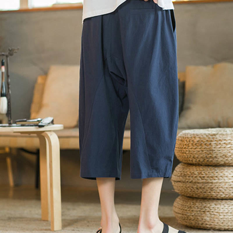 Mythstone Solid Color Mid-Length Wide Leg Pants Cotton Men's Wide Leg Pants With Pockets