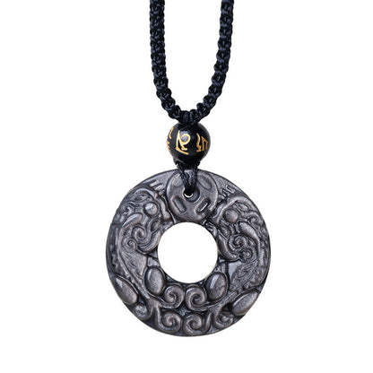 Mythstone Natural Silver Sheen Obsidian Double PiXiu Copper Coin Peace Buckle Protection Necklace Pendant