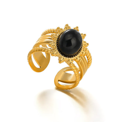 Mythstone 18K Gold Plated Black Obsidian Titanium Steel Strength Ring