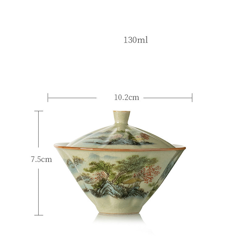 Mythstone Pine Mountain Forest Landscape Ceramic Gaiwan Sancai Teacup Kung Fu Tea Cup And Saucer With Lid