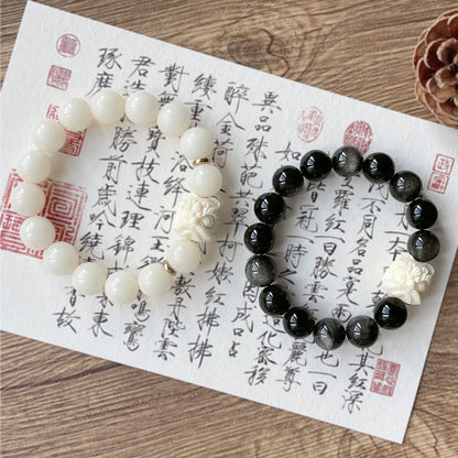 Pulsera de protección con león danzante y semilla de bodhi de obsidiana plateada y brillo de piedra mitológica