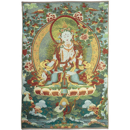 Mythstone Tibetan Silk Embroidery White Tara Thangka Tapestry Wall Hanging Wall Art Meditation for Home Decor