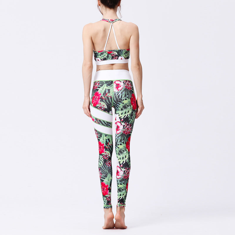 Mythstone 2Pcs Sunflower Flowers Leaves Print Top Pants Sports Fitness Yoga Women's Yoga Sets