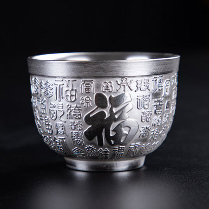 Mythstone Fu Character Dragon Phoenix Horse Koi Fish Silver Gilding Ceramic Teacup Kung Fu Tea Cup