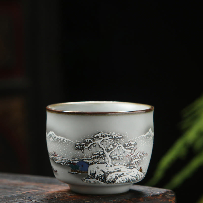 Mythstone Loquat Lychee Snow Scenery Landscape Grape Apple Ceramic Teacup Kung Fu Tea Cup