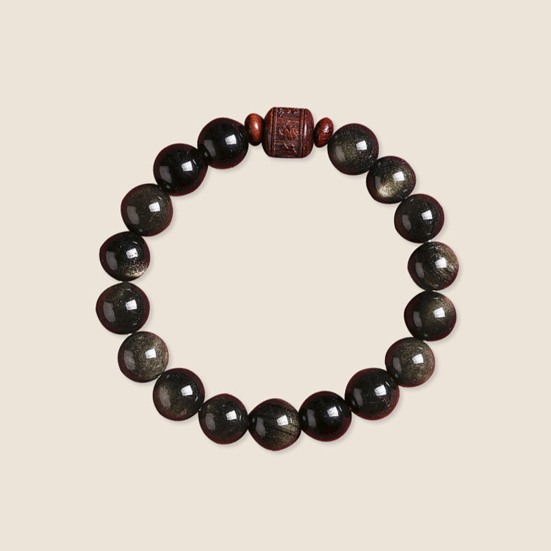 Pulsera curativa con personaje Om Mani Padme Hum Fu y obsidiana arcoíris con brillo dorado natural de Mythstone 