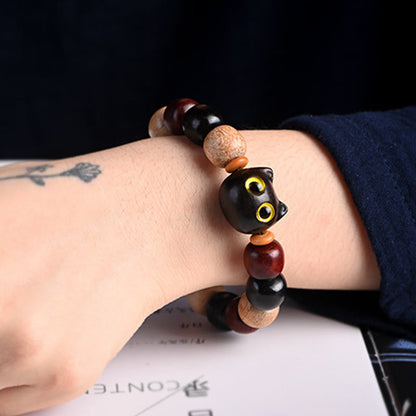 Mythstone Small Leaf Red Sandalwood Ebony Wood Cute Cat Engraved Protection Bracelet