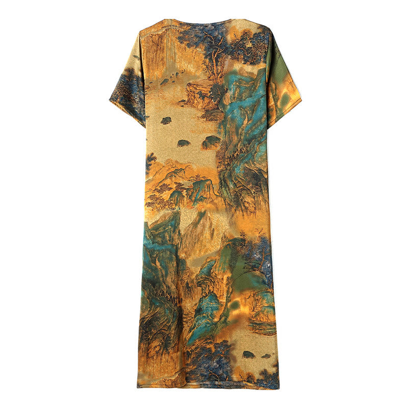 Mythstone Mountains Trees Pattern Short Sleeve Midi Dress With Pockets