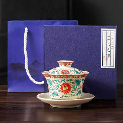 Mythstone A Panorama of Rivers and Mountains Flowers Ceramic Gaiwan Sancai Teacup Kung Fu Tea Cup And Saucer With Lid