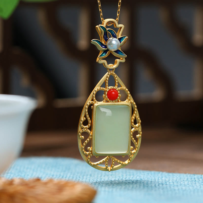 Mythstone Vintage Flower Jade Plated Gold Prosperity Necklace Pendant